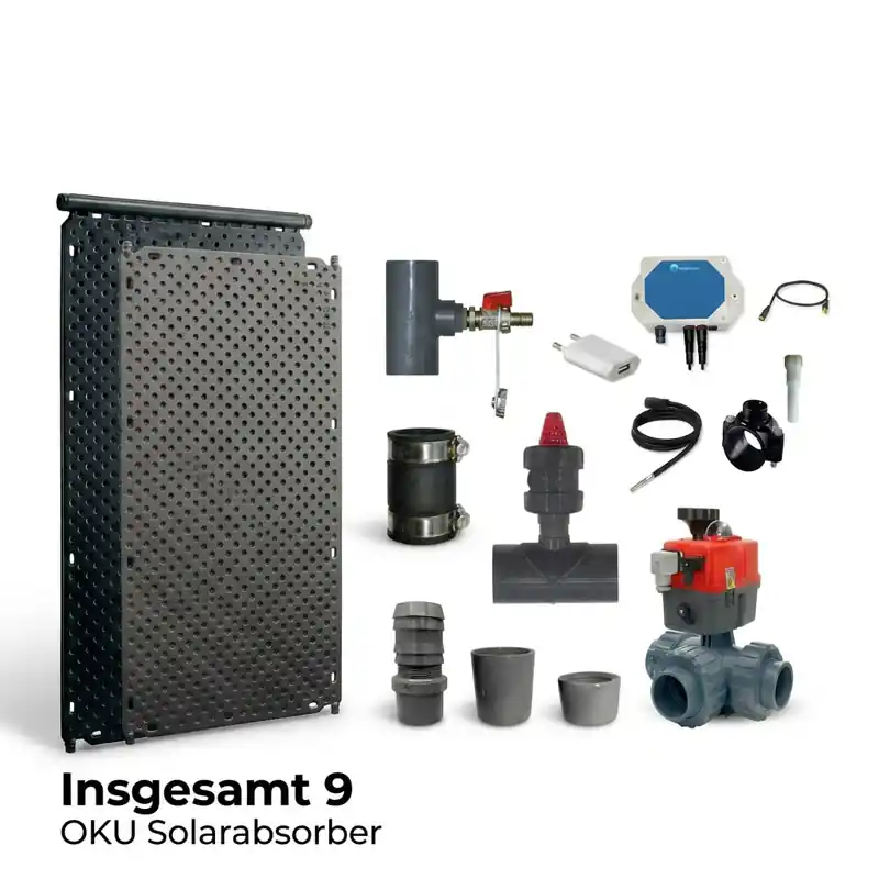OKU Solarabsorber-Set bis 18 m² WiFi | Automatik-Steuerung | 3-Wege-Kugelhahn mit Zubehör | umfangreiches Komplettpaket Letzte Chance